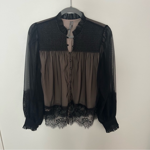 Anthropologie Layered Tulle Puff Sleeve Lace Blouse Size Small Black/Nude - Picture 2 of 8